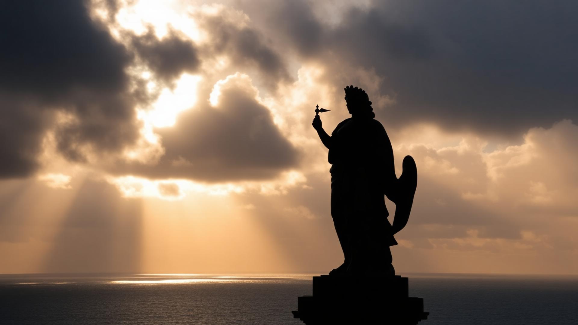 Britannia statue silhouette against stormy golden sky
