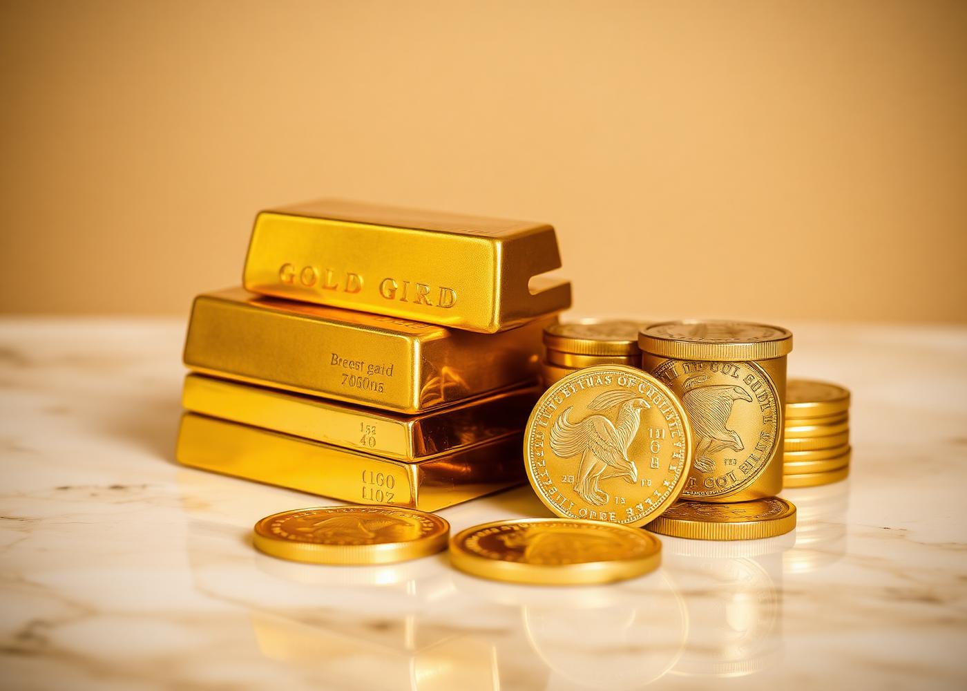 Stacked gold bullion bars and sovereign coins